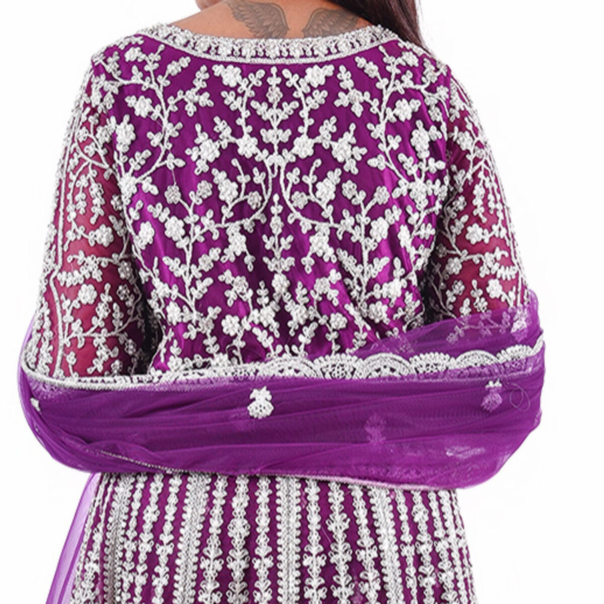 Purple Zardozi Handcrafted Center-Cut Gown with inner   Lehenga & Net Dupatta - Image 6