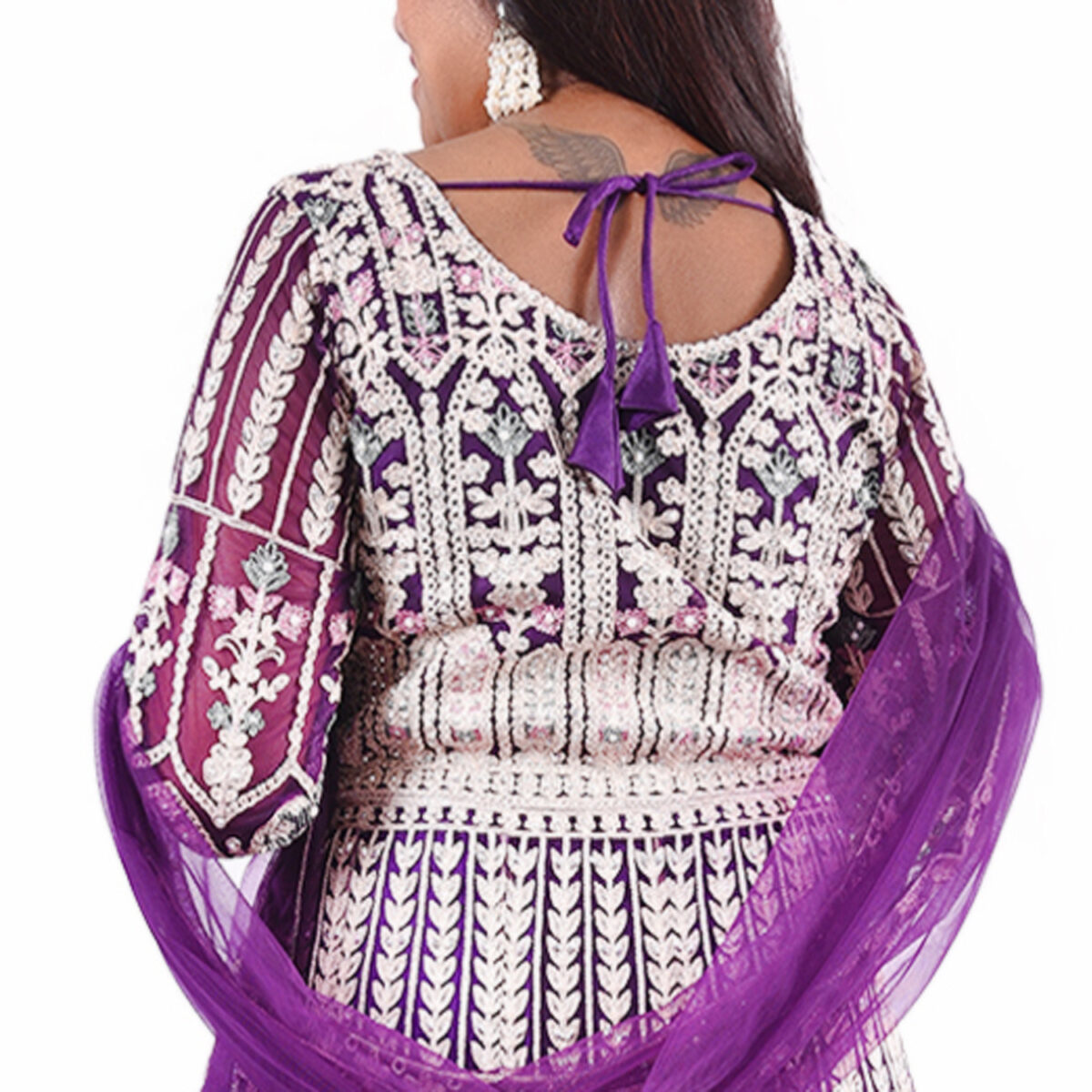 Purple Elegant Raw Silk Slit Gown with  Embroidery & Net Dupatta - Image 5