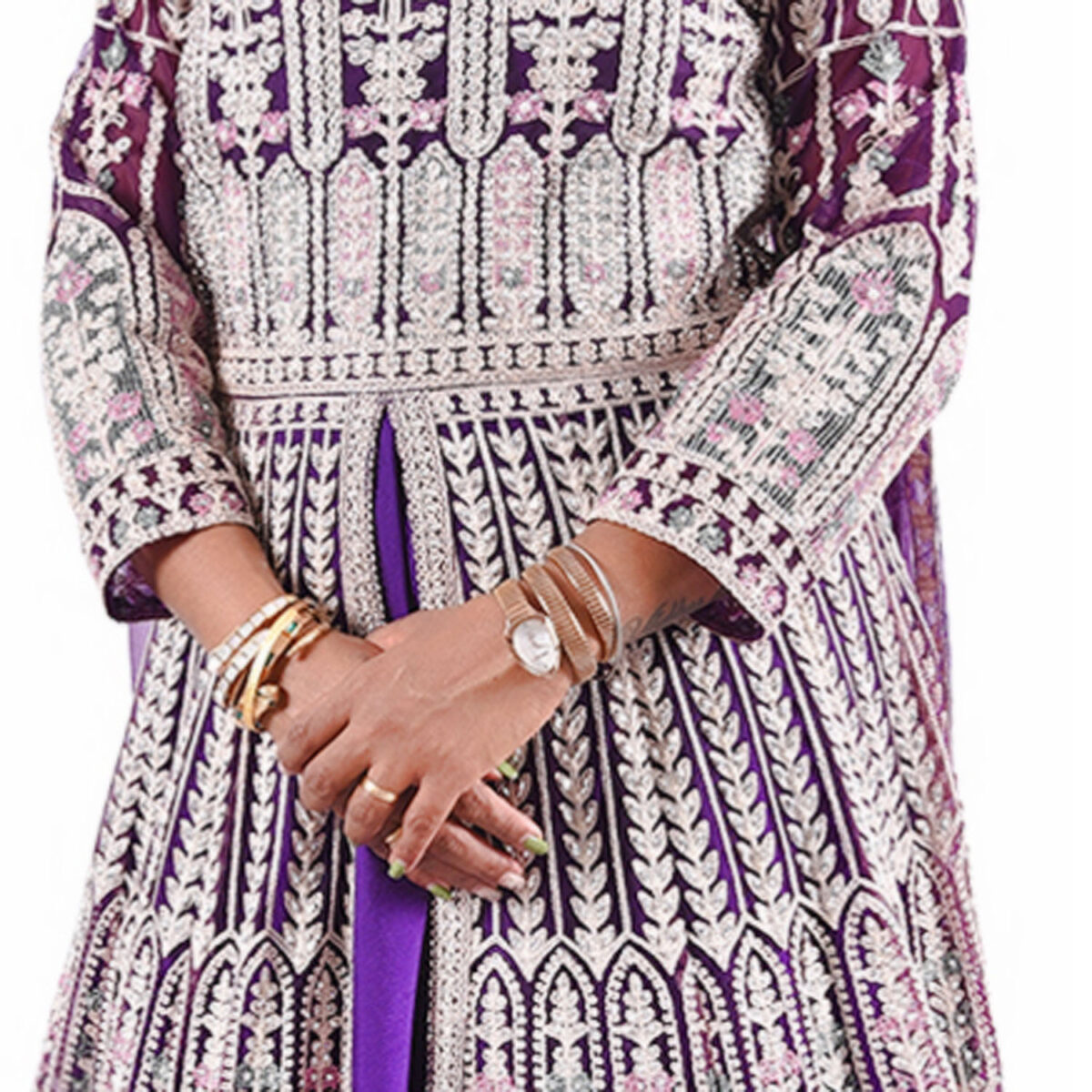 Purple Elegant Raw Silk Slit Gown with  Embroidery & Net Dupatta - Image 7