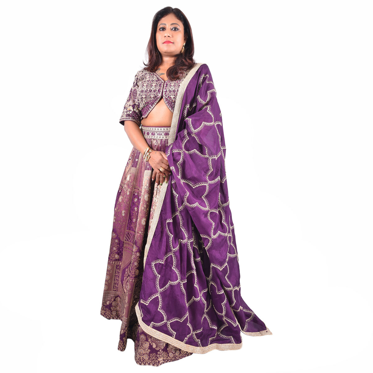 Wine Banaras Handwork Beaded  Embroidery Lehenga Set - Image 1