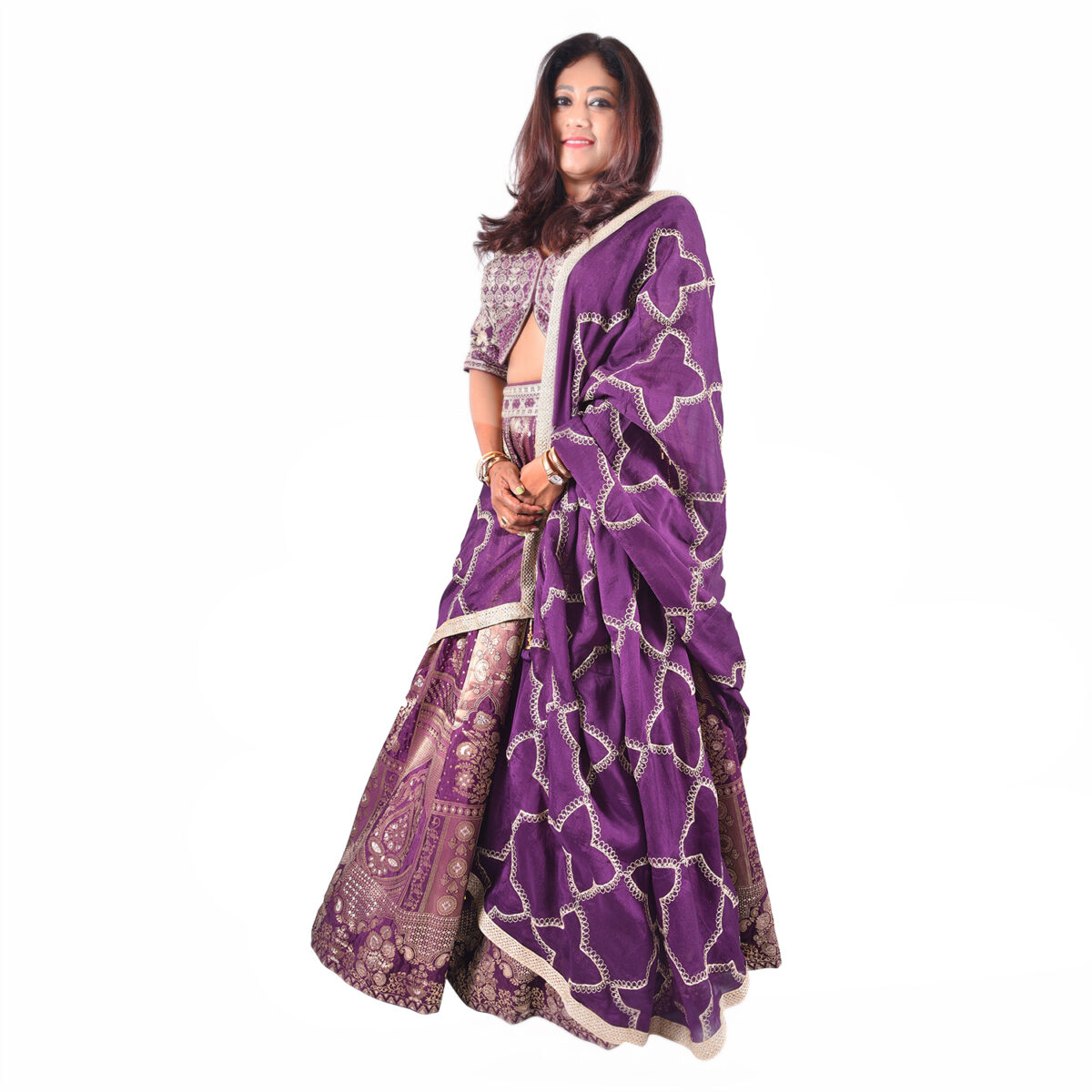 Wine Banaras Handwork Beaded  Embroidery Lehenga Set - Image 3