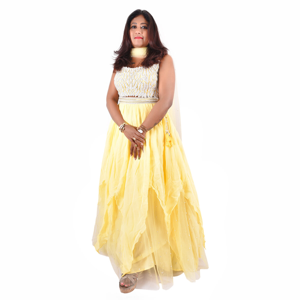 Pearl Embellished Lemon yellow Net  Lehenga Set - Image 1
