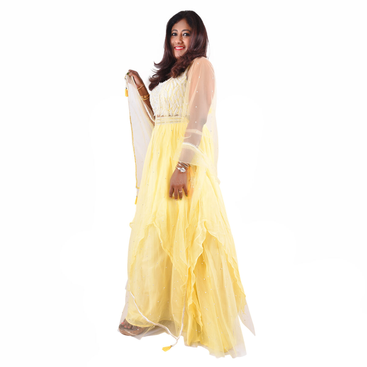 Pearl Embellished Lemon yellow Net  Lehenga Set - Image 2