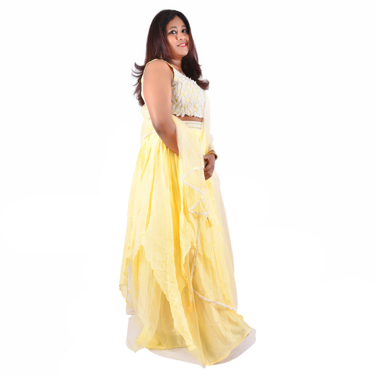 Pearl Embellished Lemon yellow Net  Lehenga Set - Image 3