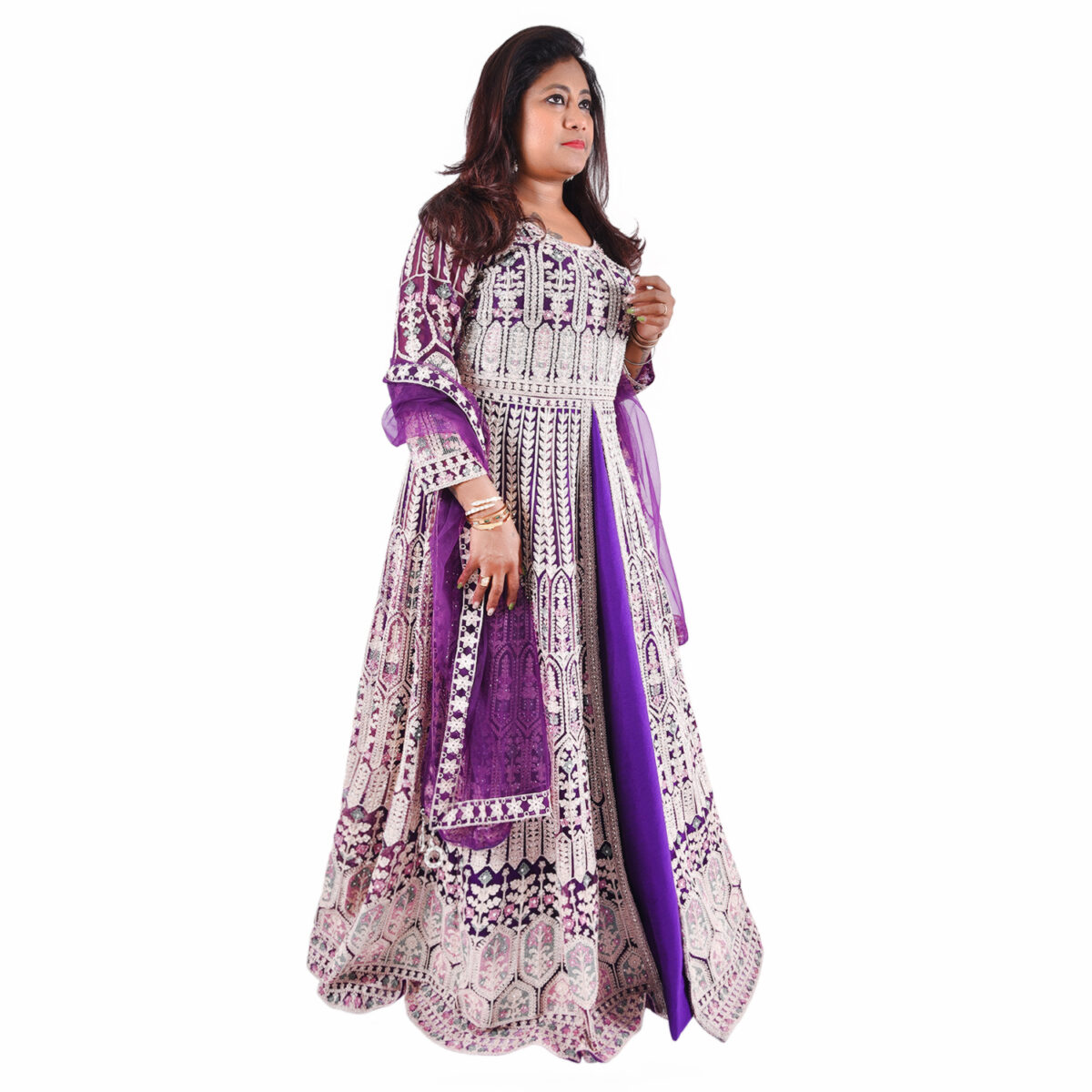 Purple Elegant Raw Silk Slit Gown with  Embroidery & Net Dupatta - Image 2