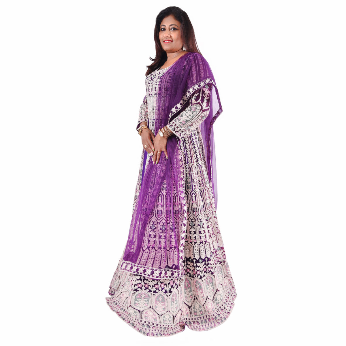 Purple Elegant Raw Silk Slit Gown with  Embroidery & Net Dupatta - Image 3