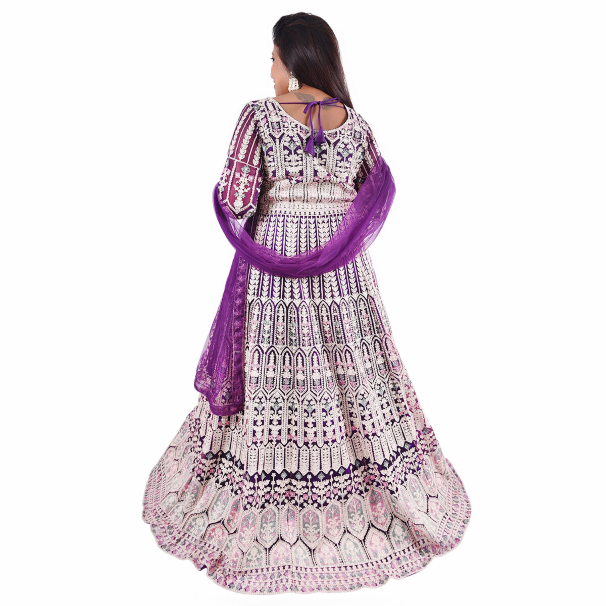 Purple Elegant Raw Silk Slit Gown with  Embroidery & Net Dupatta - Image 4