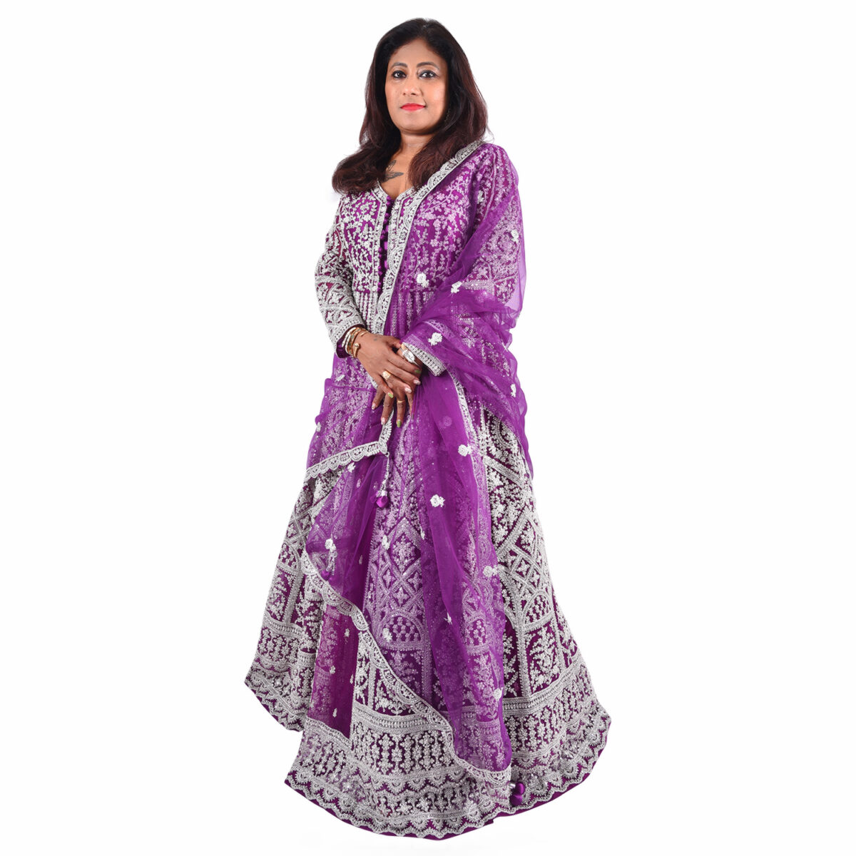 Purple Zardozi Handcrafted Center-Cut Gown with inner   Lehenga & Net Dupatta - Image 1
