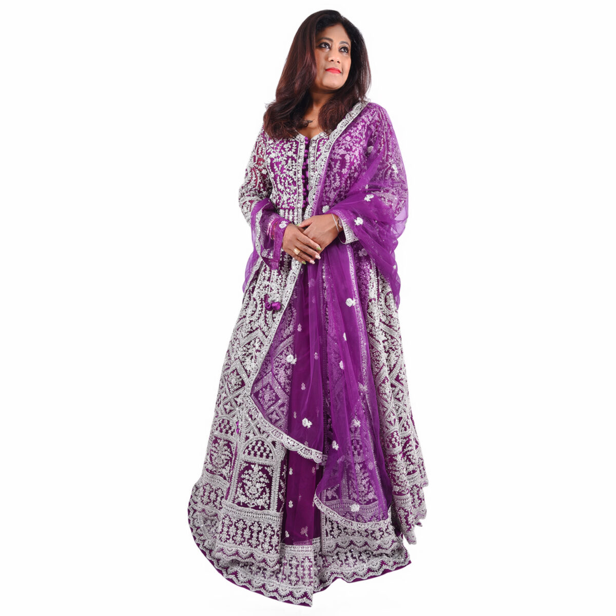 Purple Zardozi Handcrafted Center-Cut Gown with inner   Lehenga & Net Dupatta - Image 2