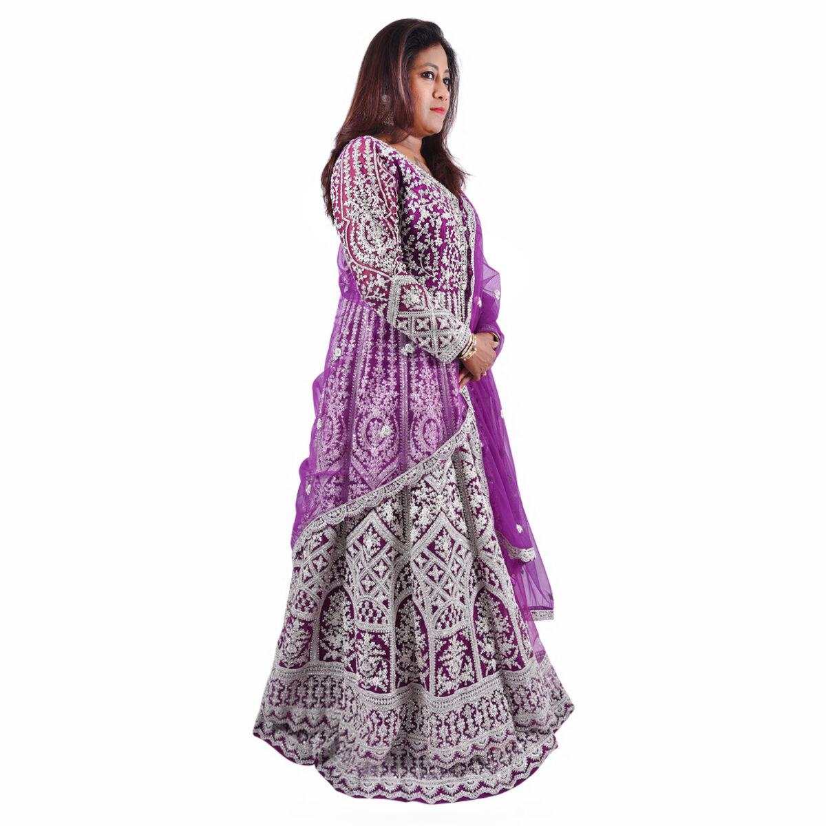 Purple Zardozi Handcrafted Center-Cut Gown with inner   Lehenga & Net Dupatta - Image 3