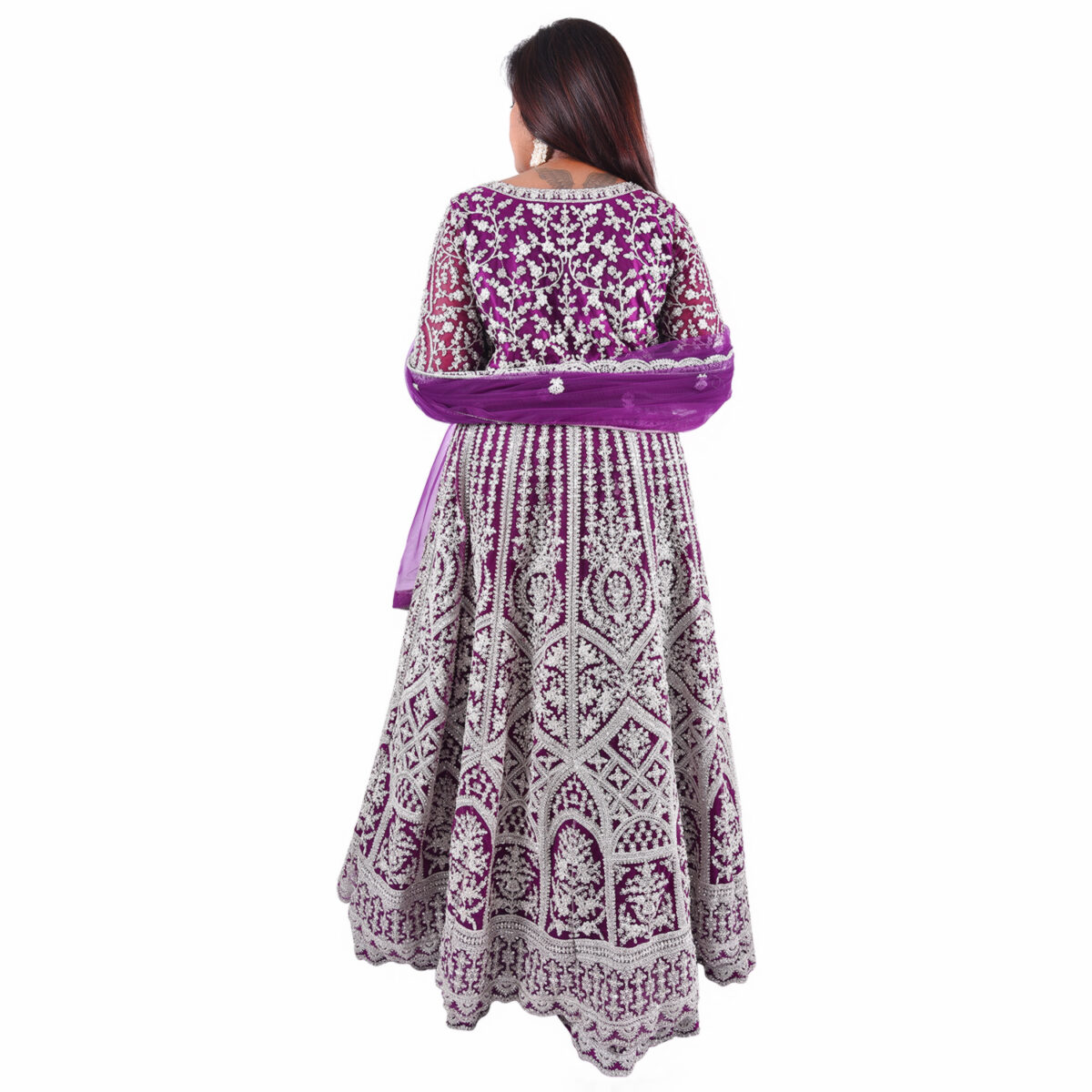 Purple Zardozi Handcrafted Center-Cut Gown with inner   Lehenga & Net Dupatta - Image 4