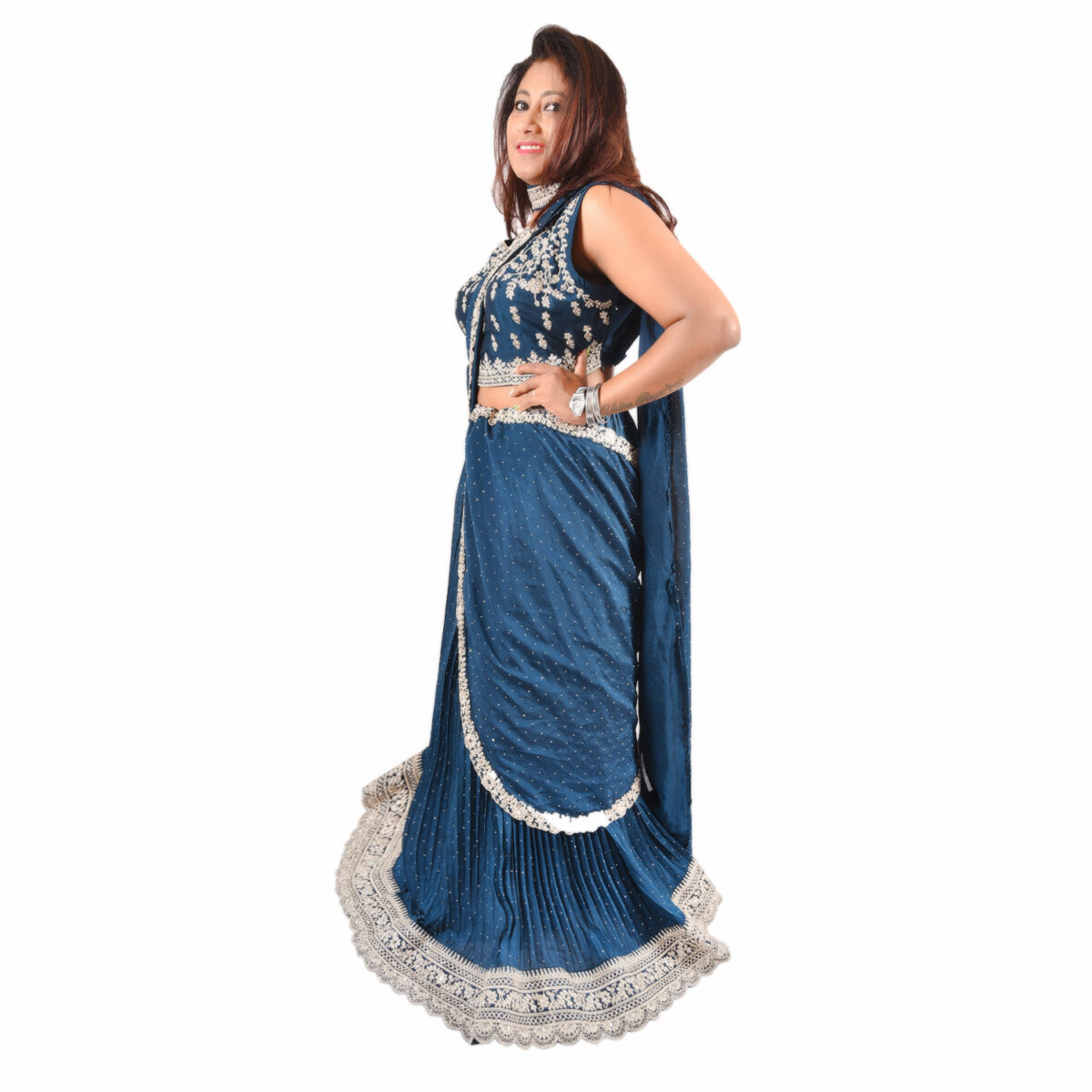 Royal Blue Half Saree Lehenga Set - Image 3