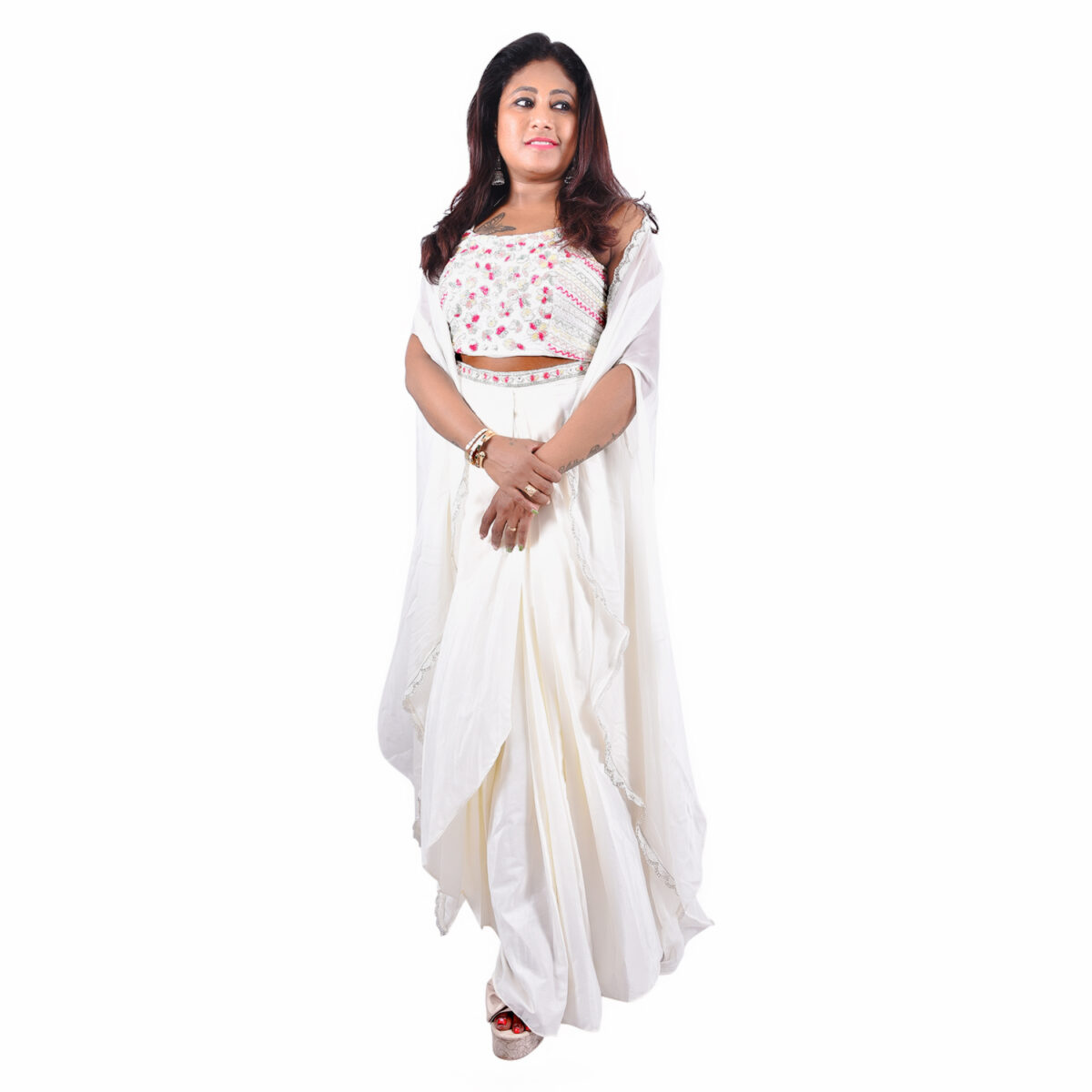 Elevate your style with this graceful White Indo-Western Dhoti Skirt Set - Image 1