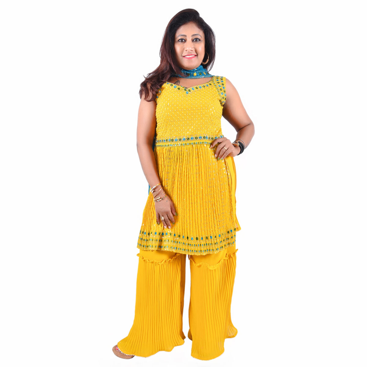 Yellow Short Sharara with  Teal Blue Dupatta - Image 1