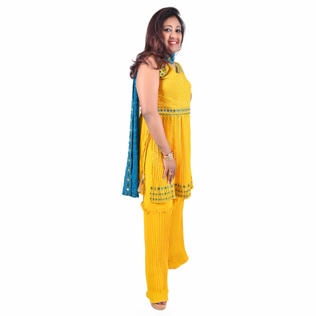 Yellow Short Sharara with  Teal Blue Dupatta - Image 2