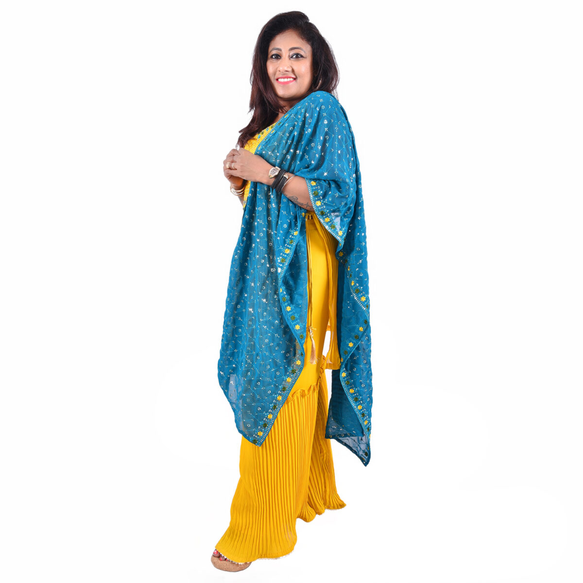 Yellow Short Sharara with  Teal Blue Dupatta - Image 3