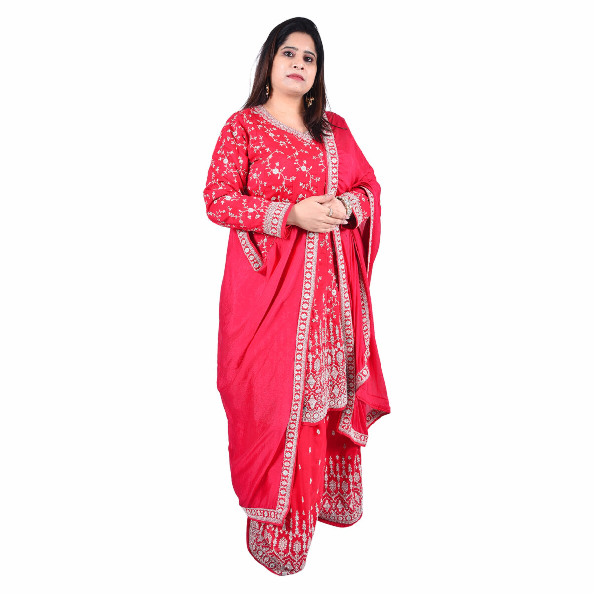 Bright Pink-Red Zardozi Work Short  Anarkali Set - Image 1