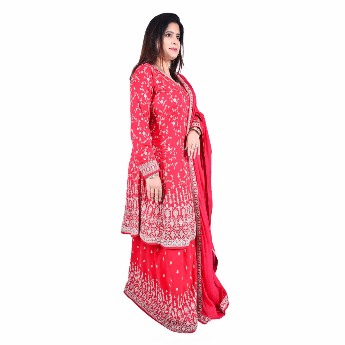 Bright Pink-Red Zardozi Work Short  Anarkali Set - Image 2
