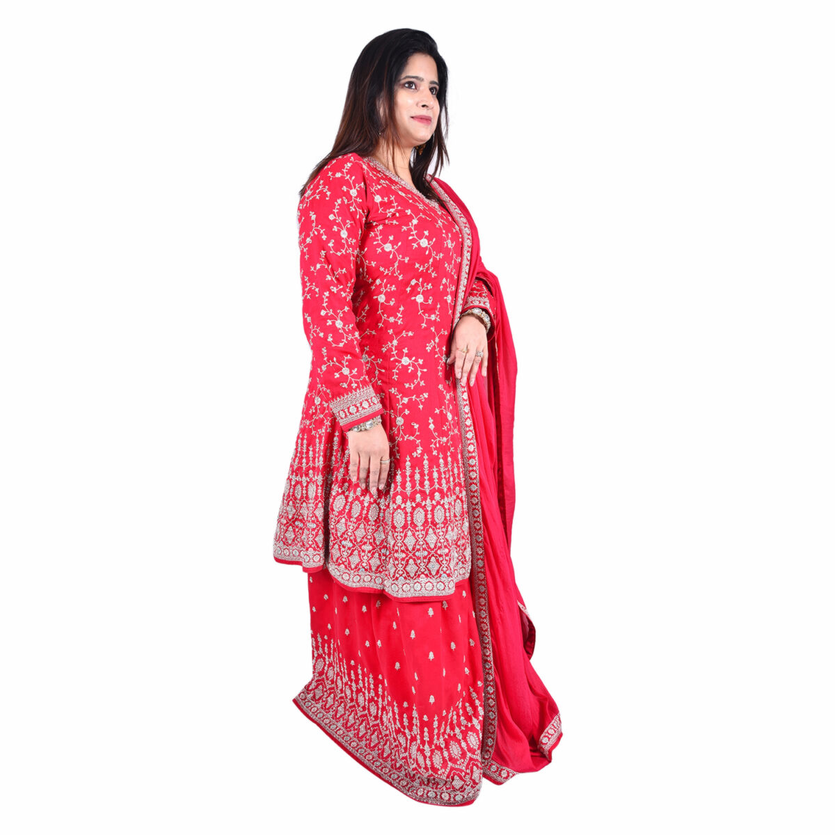 Bright Pink-Red Zardozi Work Short  Anarkali Set - Image 3