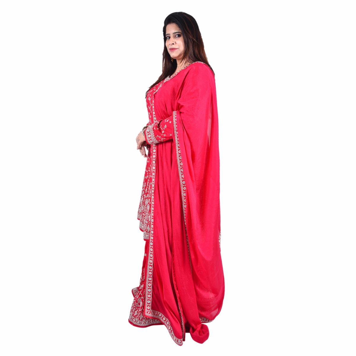 Bright Pink-Red Zardozi Work Short  Anarkali Set - Image 4