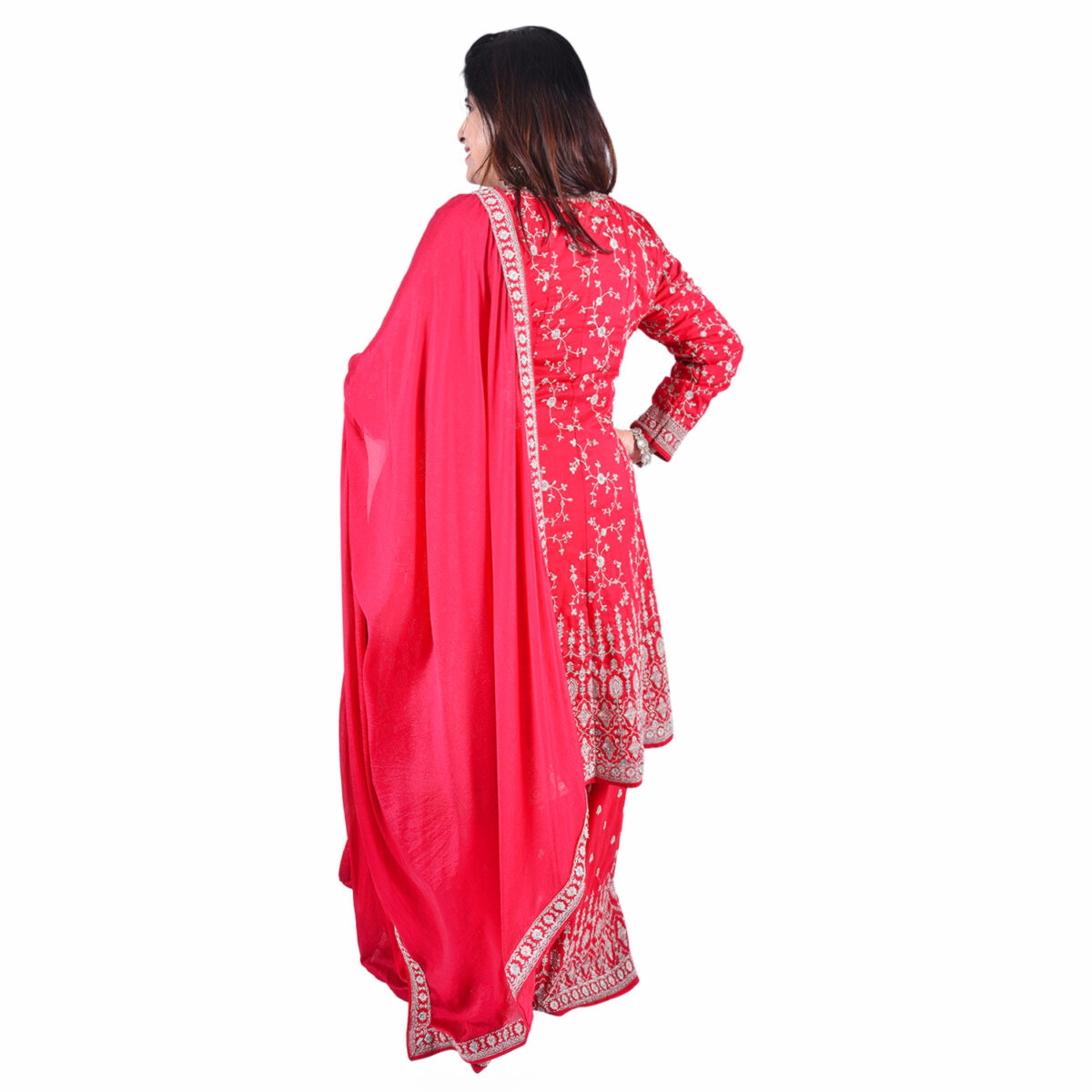 Bright Pink-Red Zardozi Work Short  Anarkali Set - Image 5