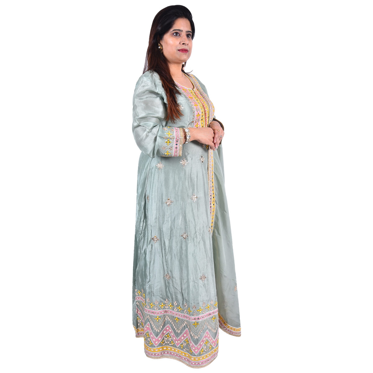 Pastel Pista Green Satin Silk Gota  Patti Gown - Image 2