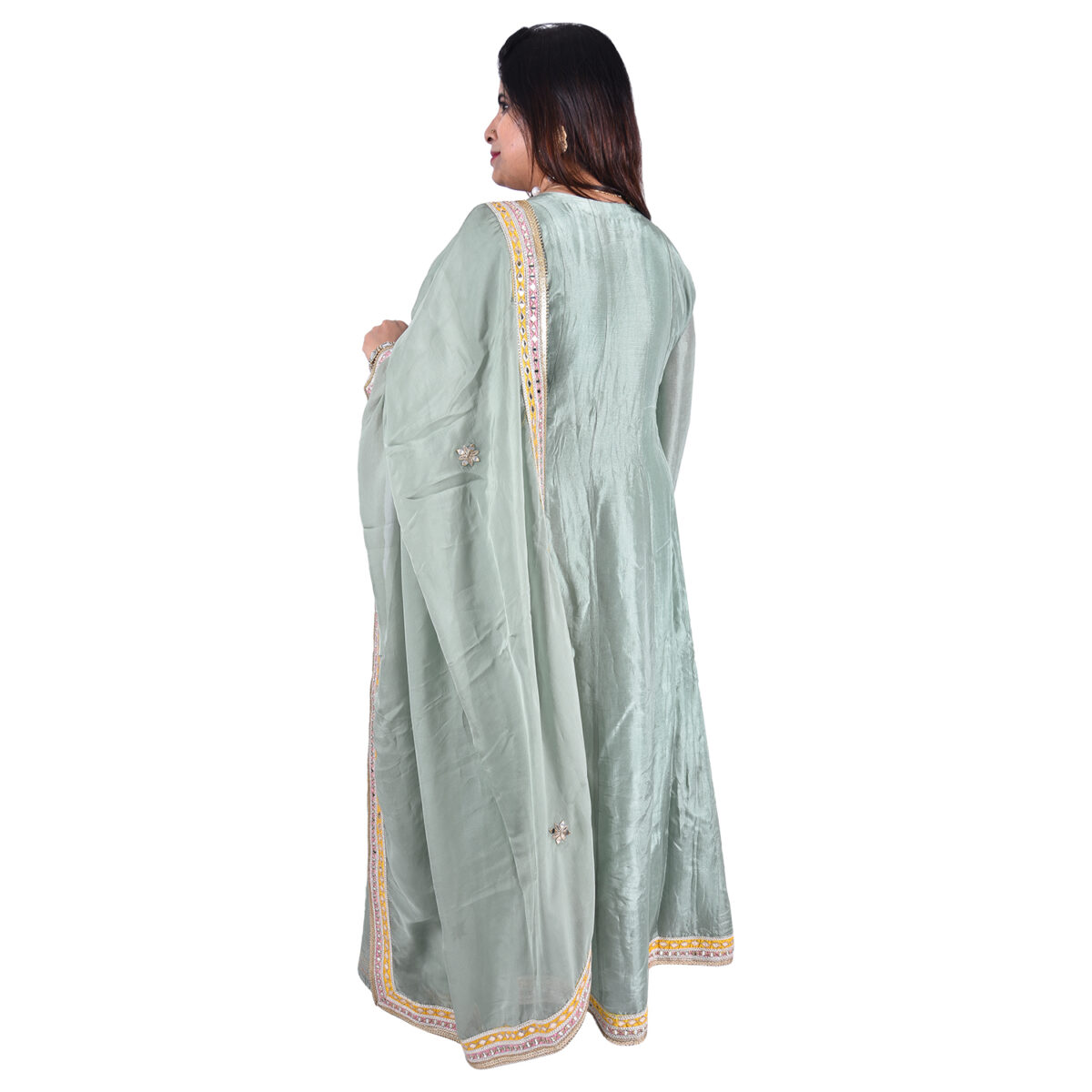 Pastel Pista Green Satin Silk Gota  Patti Gown - Image 3