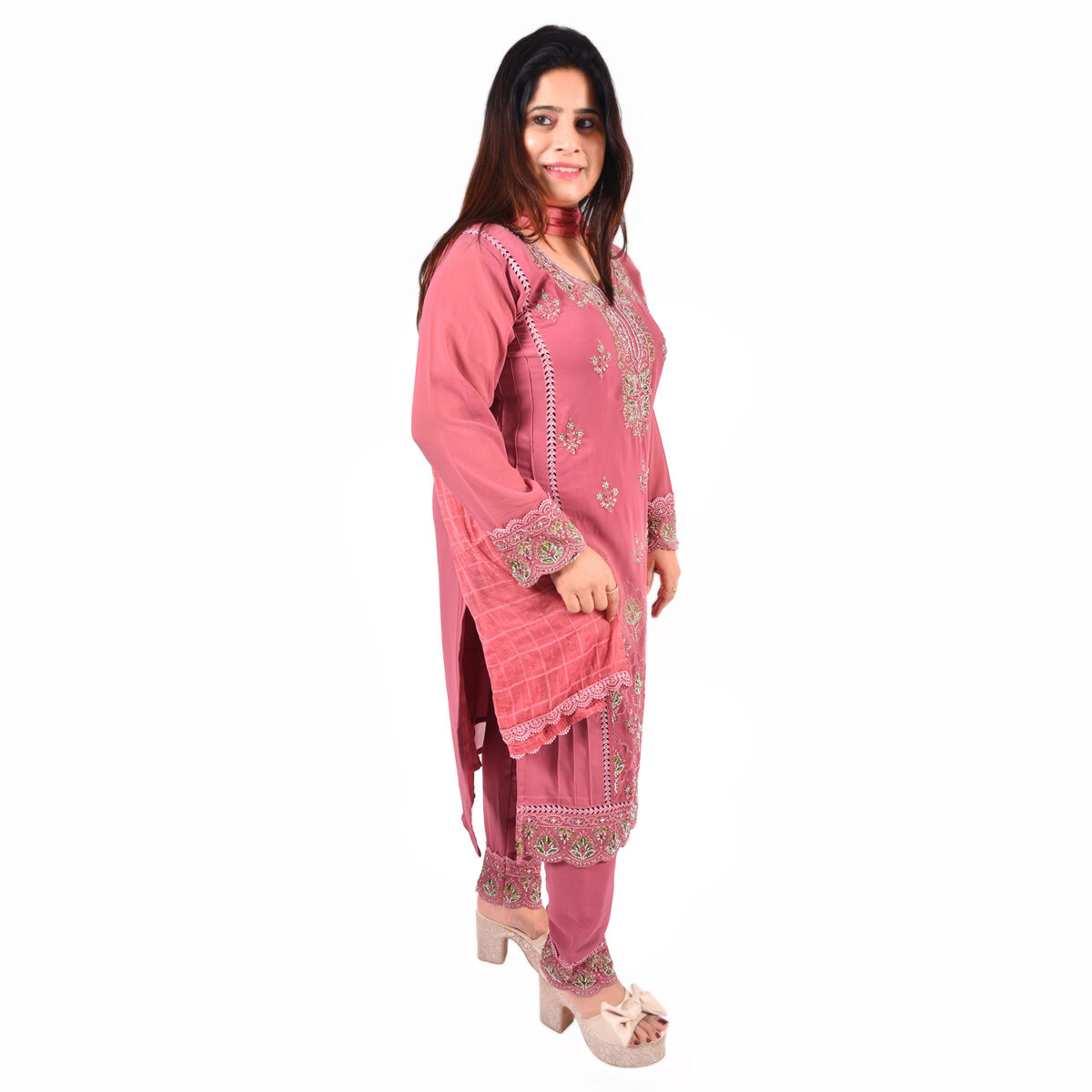 Onion Pink Readymade Salwar Suit  with Dupatta - Image 4